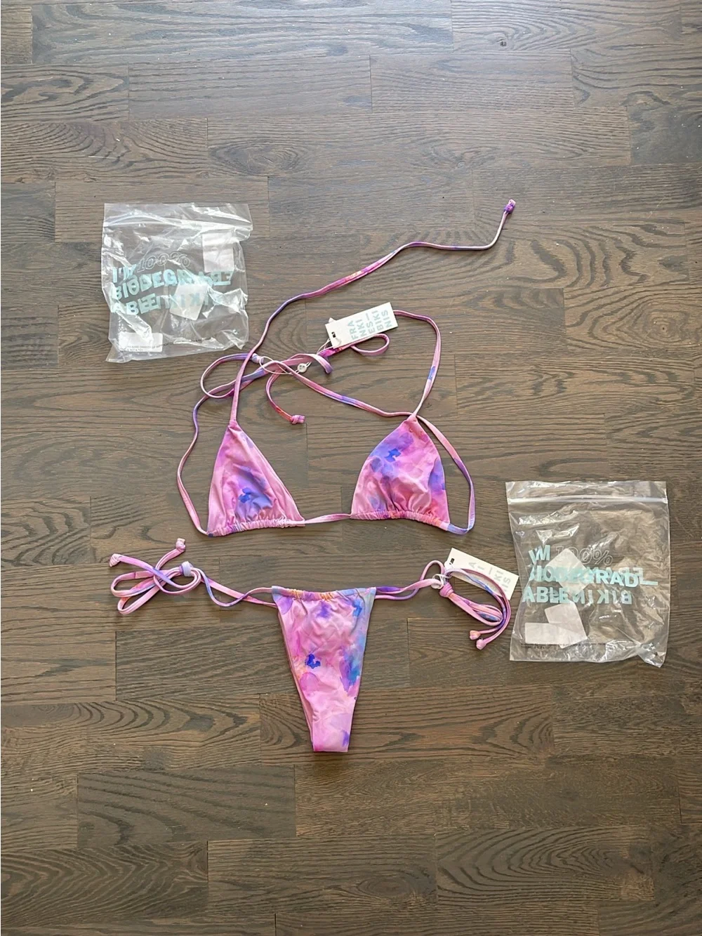 Frankie's Bikinis Pink Purple Tie-Dye Triangle String Bikini Rare